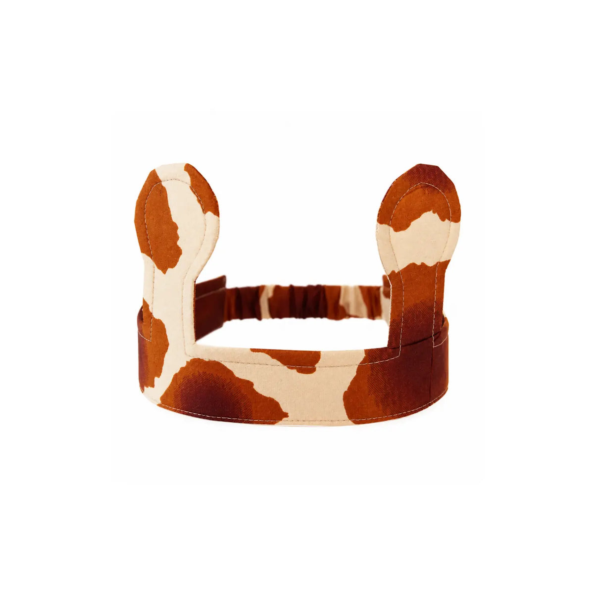 Sarah's Silks giraffe ears, a brown and cream spotted silk headband with two rounded ears, on a white background