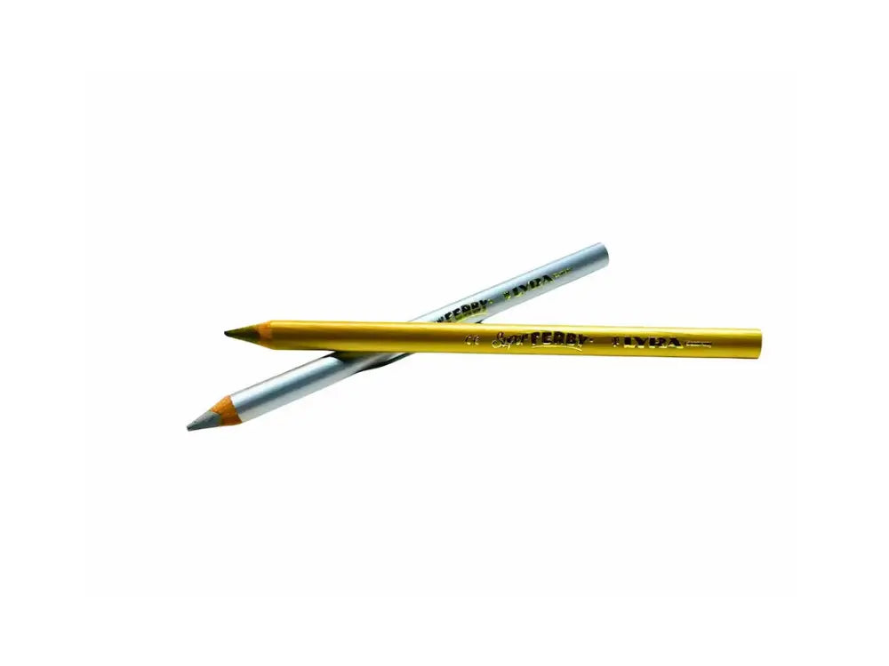 Two pencils, one gold and one silver, on a white background