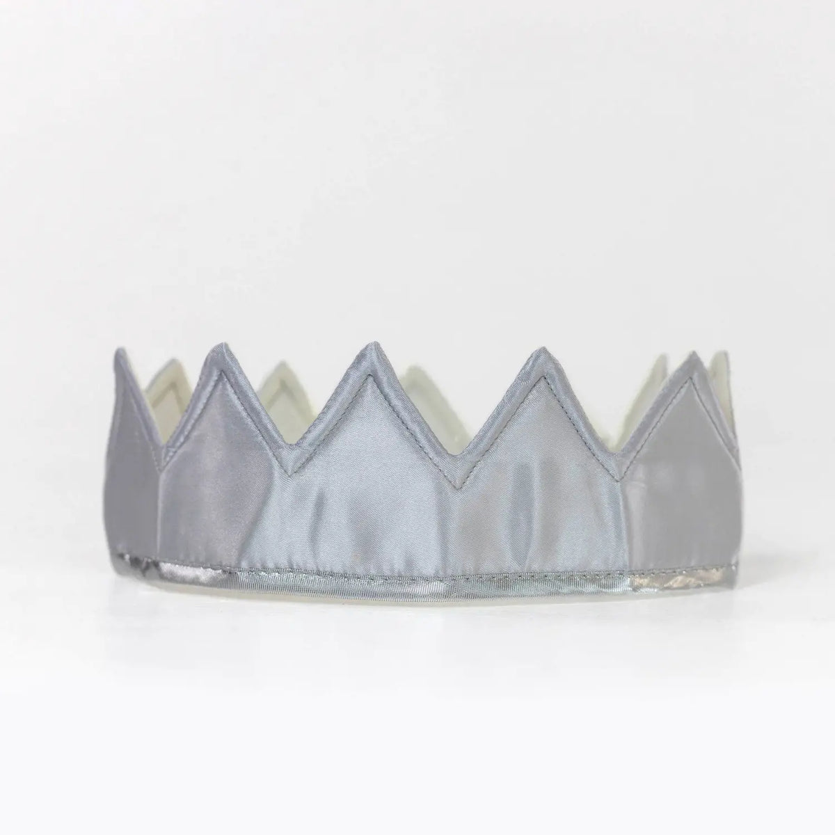Silver satin dress-up crown with silver trim for imaginative dress-up play