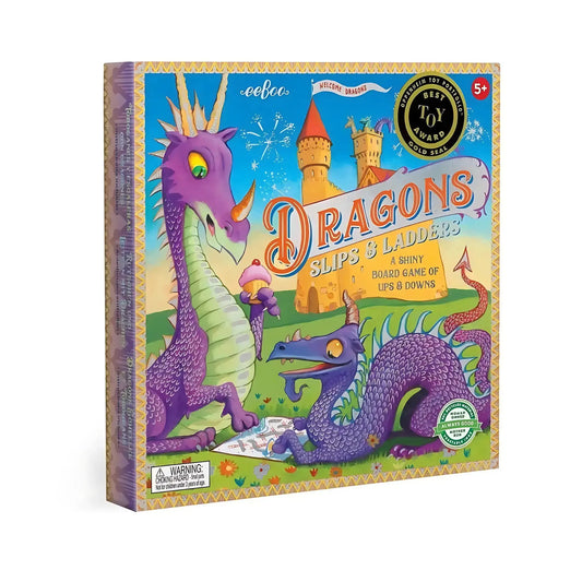 Kids board game Dragons Slips & Ladders box cover with two purple dragons and a castle on a white background
