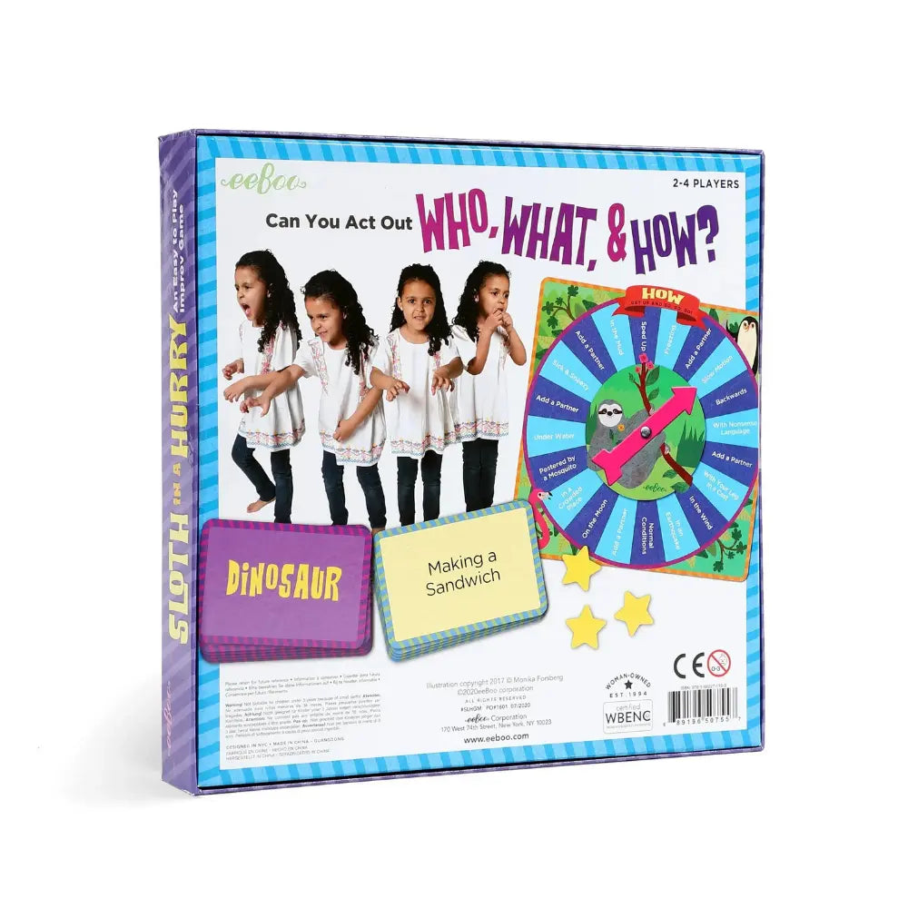 Back of the Sloth in a Hurry game box showing how to play the improv storytelling game.