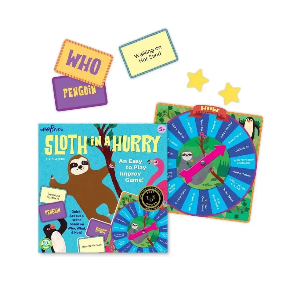 Sloth in a Hurry game contents with character cards, action cards, spinner, and award tokens.