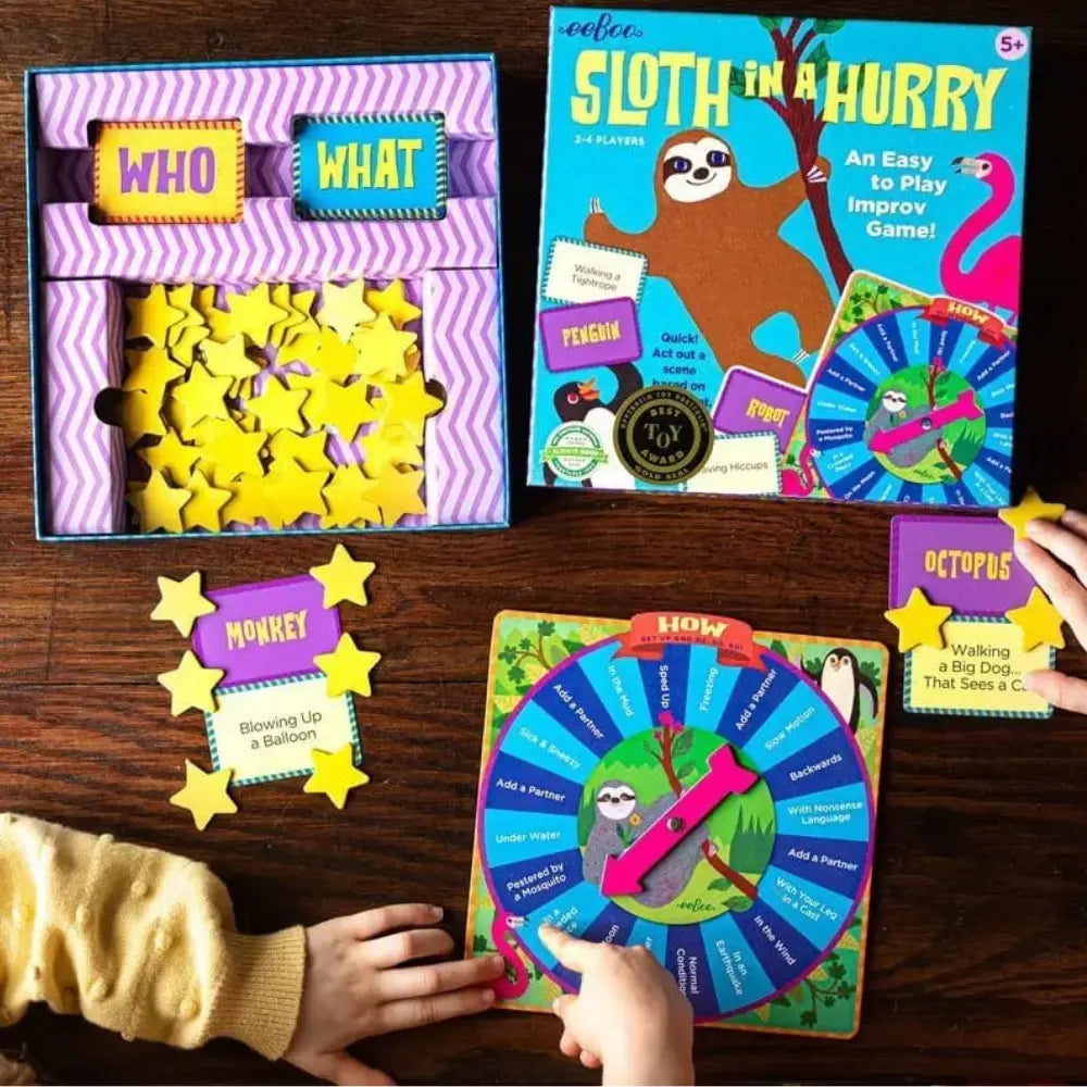 Sloth in a Hurry improv storytelling game set up on table