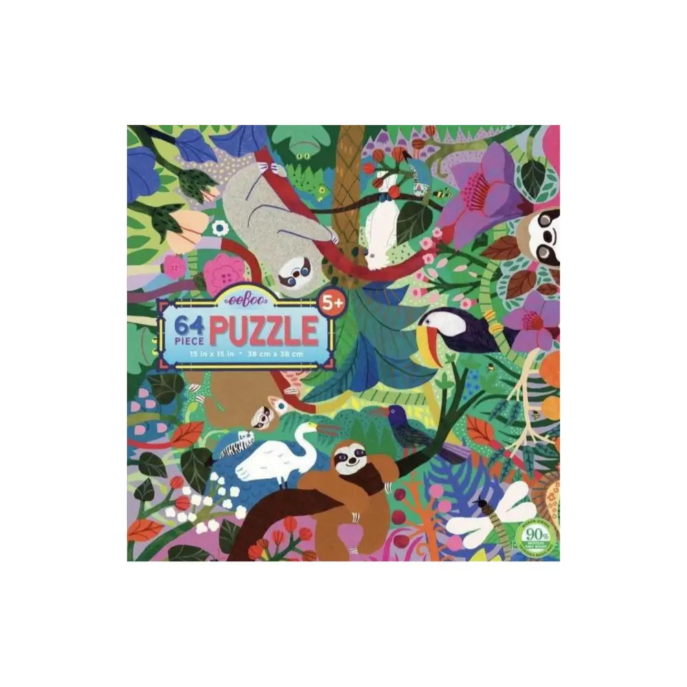 Sloths at Play 64 piece animal puzzle box with jungle illustration