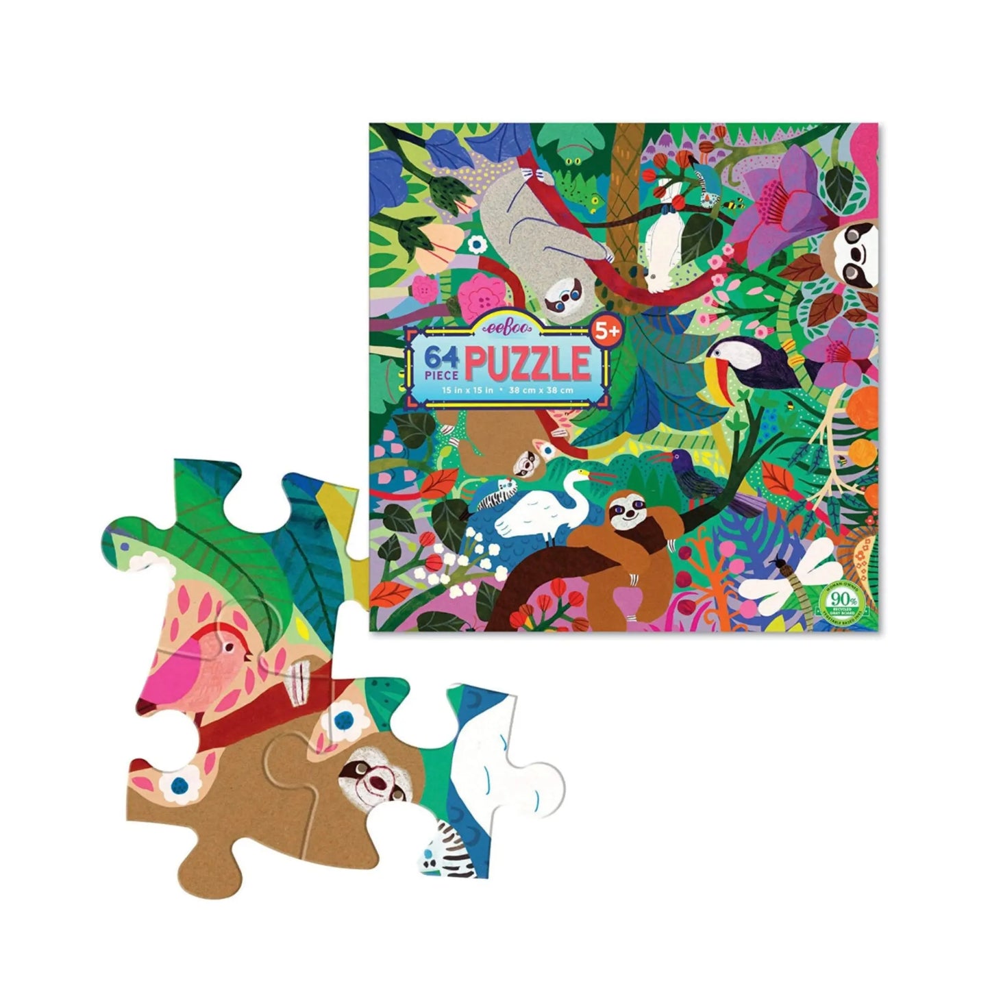 64 piece kids puzzle sloths at play showing the puzzle size pieces as compared to the front box cover