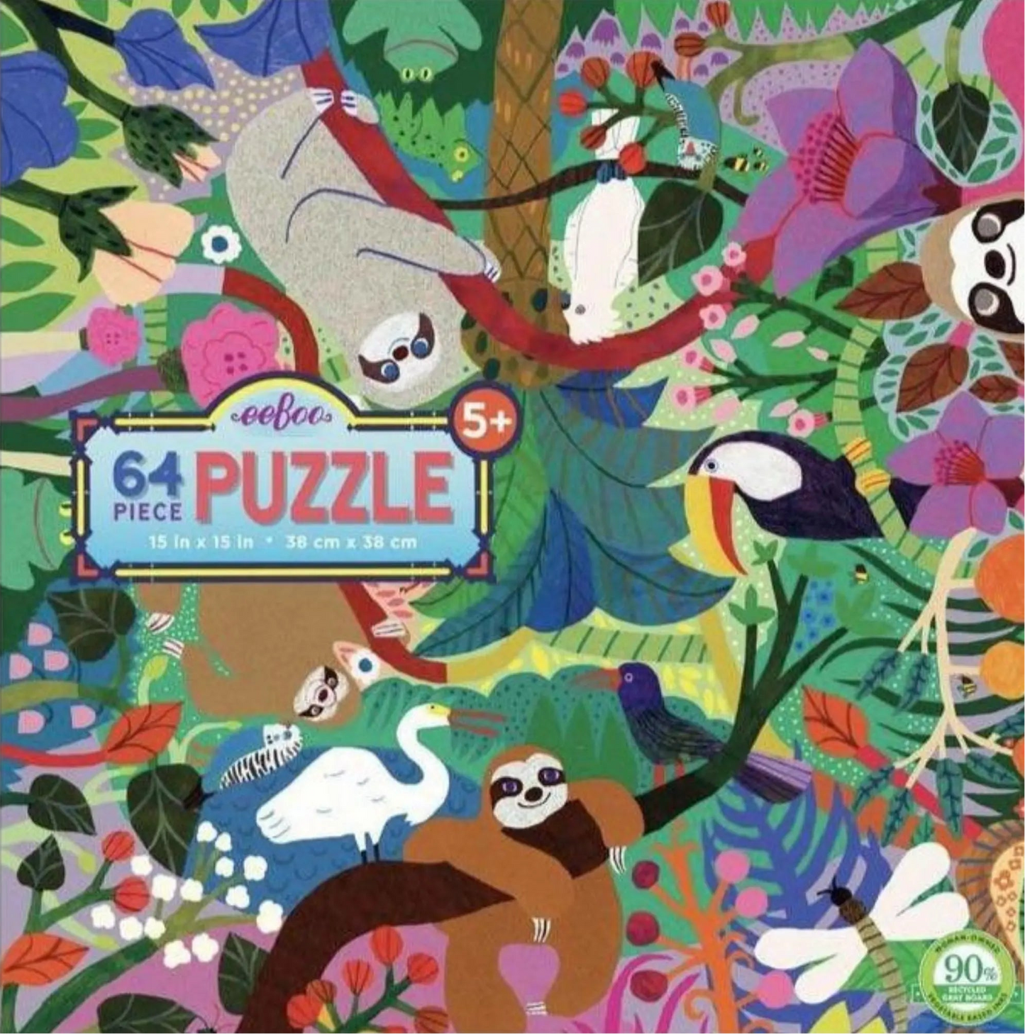 front cover of the 64 piece kids puzzle showing many differen sloths in trees with other birds and animals