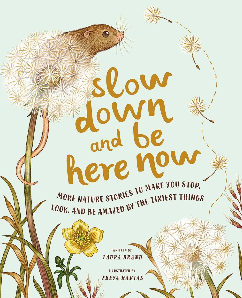 Book cover with a mouse on a dandelion and text 'Slow down and be here now' on a light blue background.