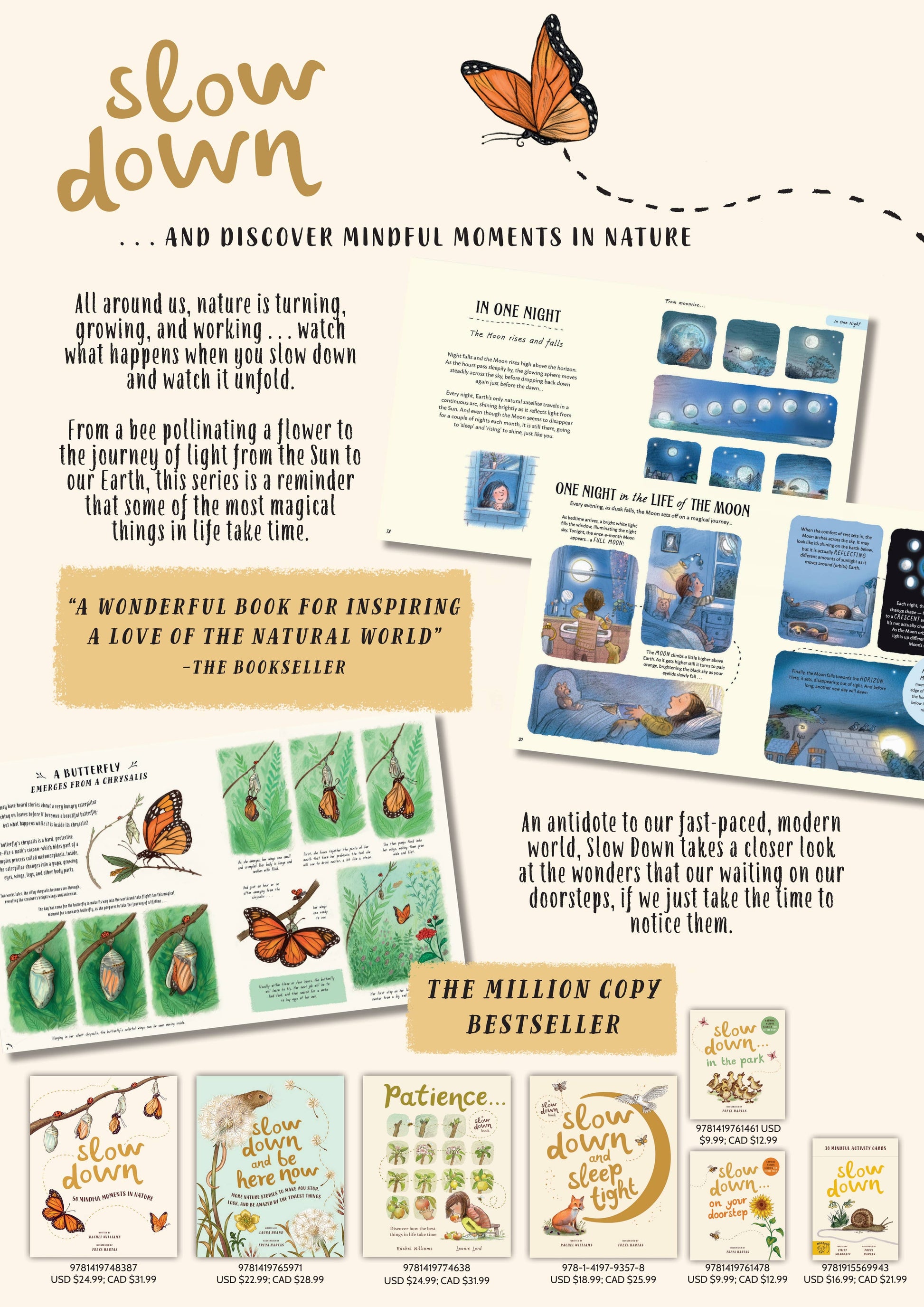 Promotional material for a book titled 'Slow Down' about discovering mindful moments in nature, featuring text and images of butterflies.