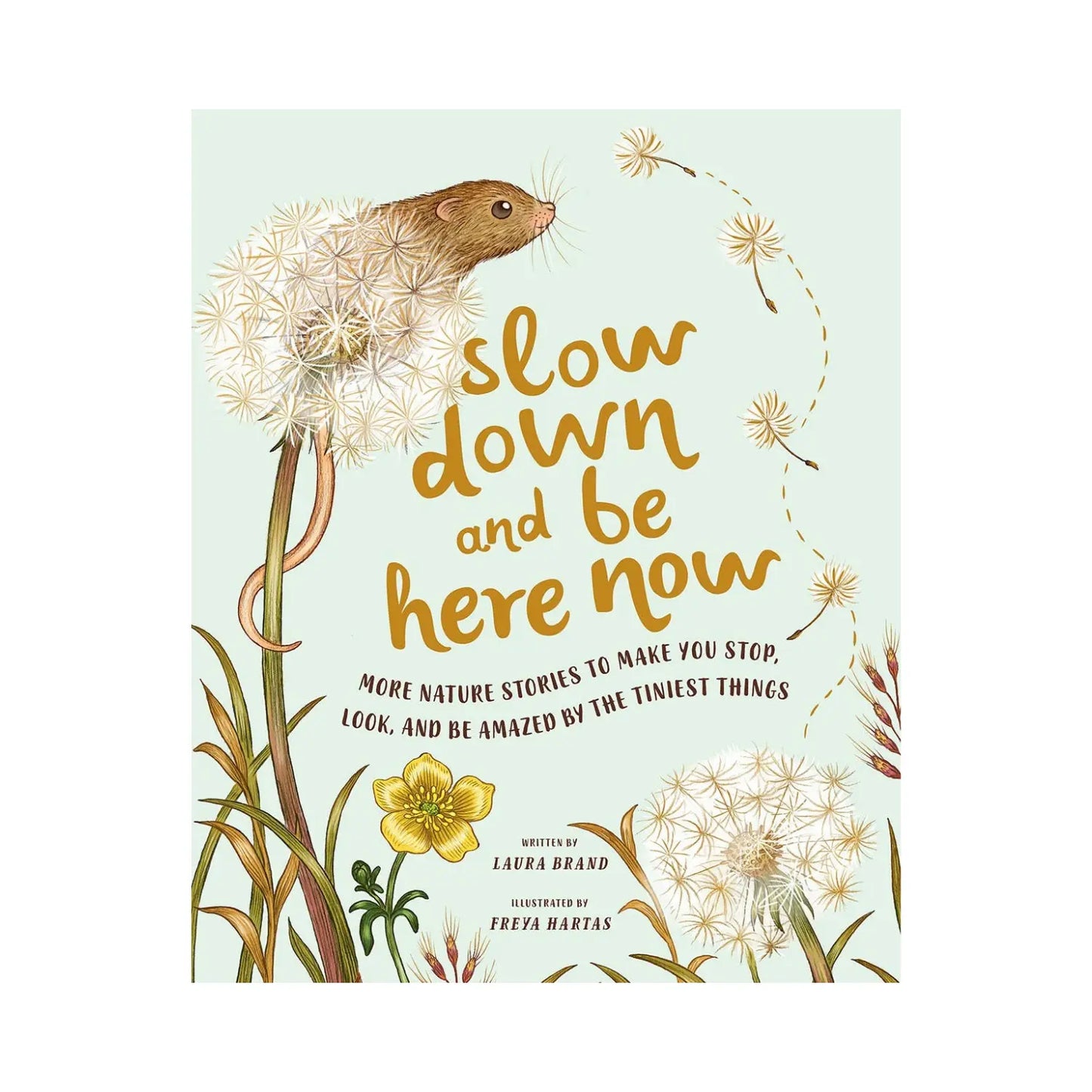 Children's book cover titled 'slow down and be here now' with a mouse perched on a dandelion, illustrated flowers, and a pale mint background.