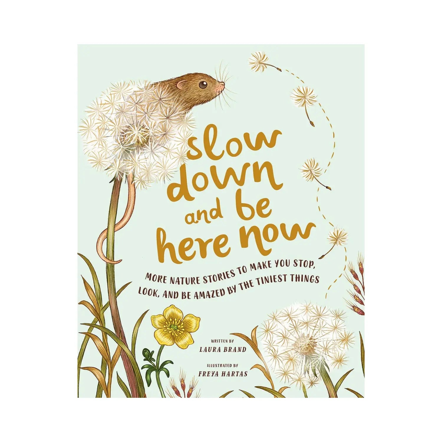 Children's book cover titled 'slow down and be here now' with a mouse perched on a dandelion, illustrated flowers, and a pale mint background.