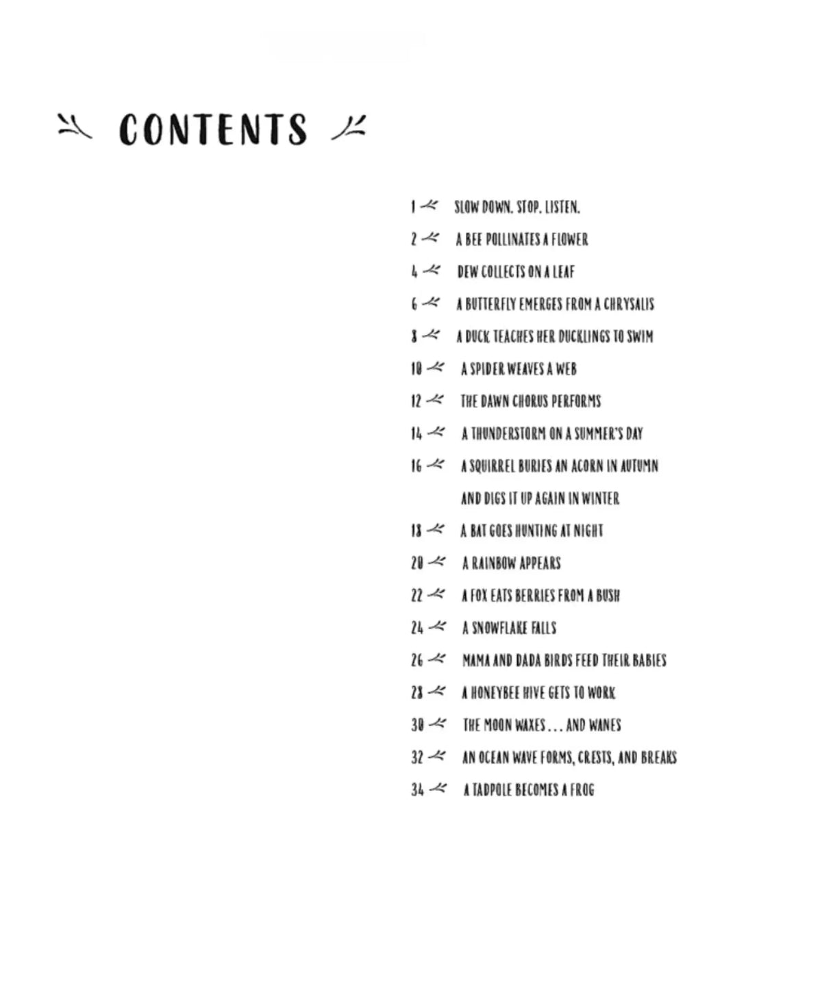 Table of contents for Slow Down: 50 Mindful Moments in Nature listing the nature moments