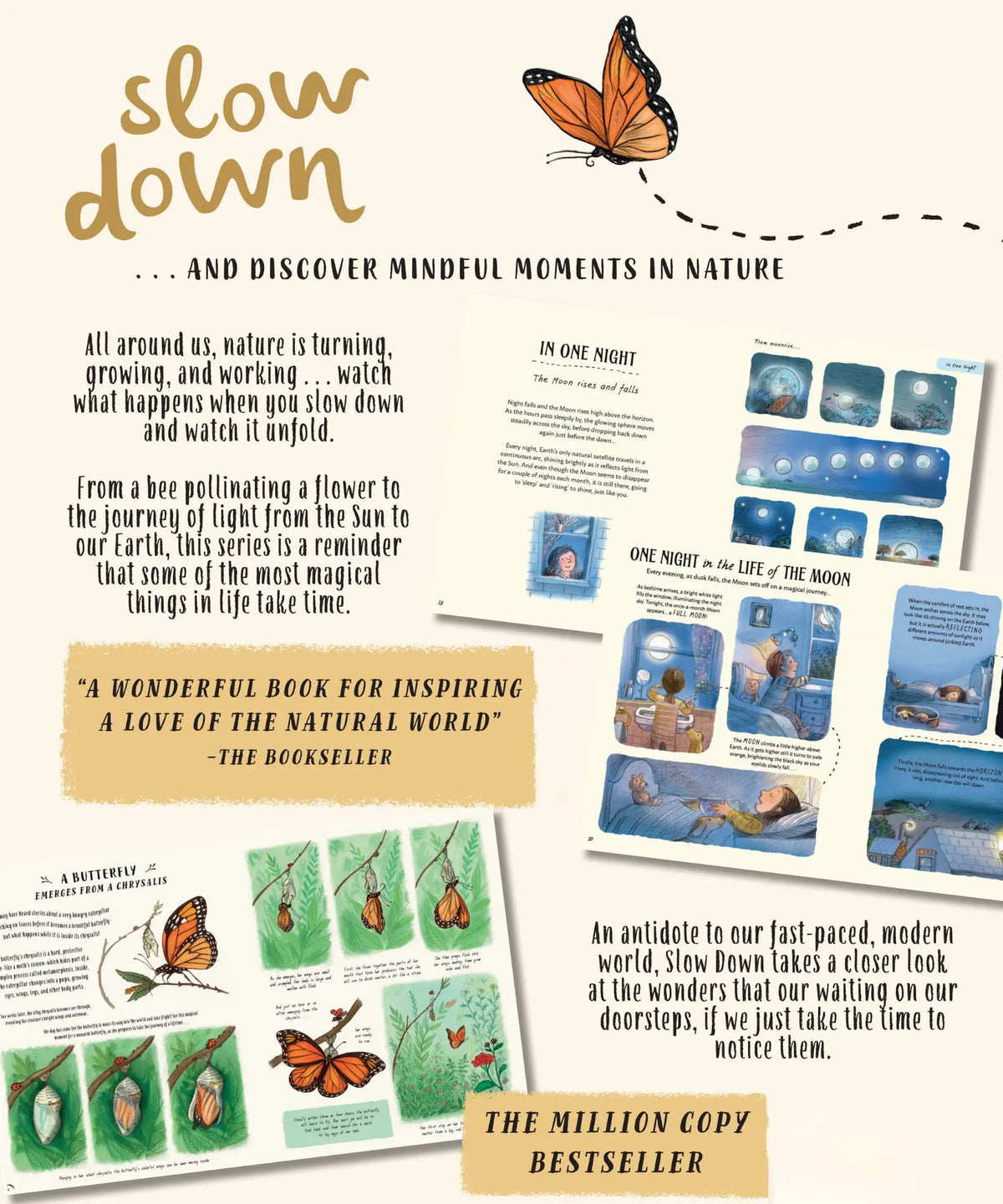 Back cover of Slow Down: 50 Mindful Moments in Nature with a monarch butterfly and sample pages