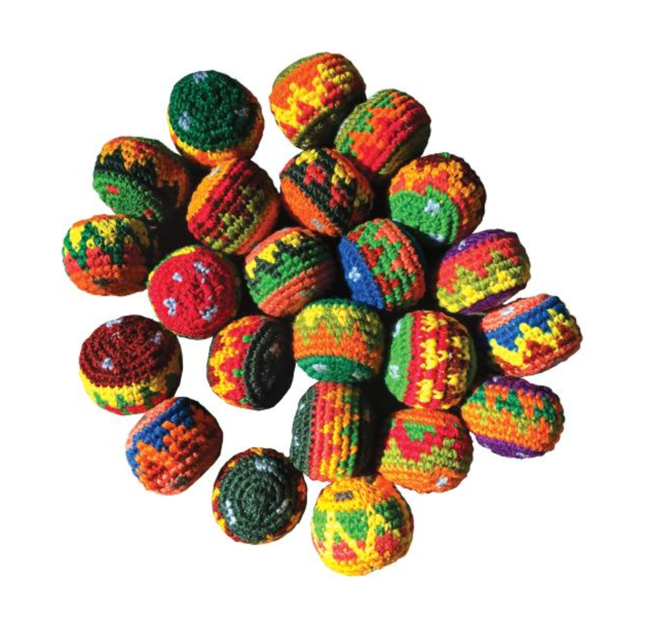 Colorful small crocheted toss balls on a white background