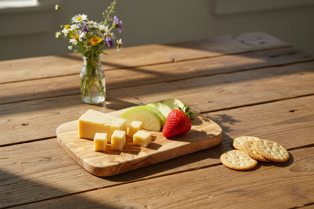Wooden breakfast or food board on a rustic wooden table with cheese, fruit, and crackers