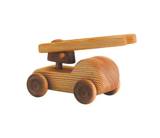 Small wooden fire truck with ladder in natural pine and beech wood for imaginative play