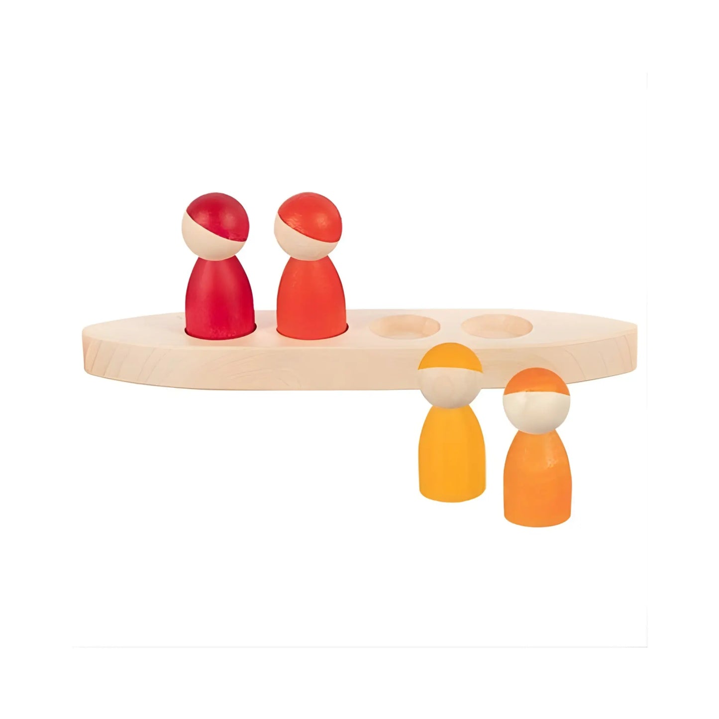 Four wooden goki peg dolls in red and vermilion in a natural boat and an orange and yellow wooden peg doll on white background