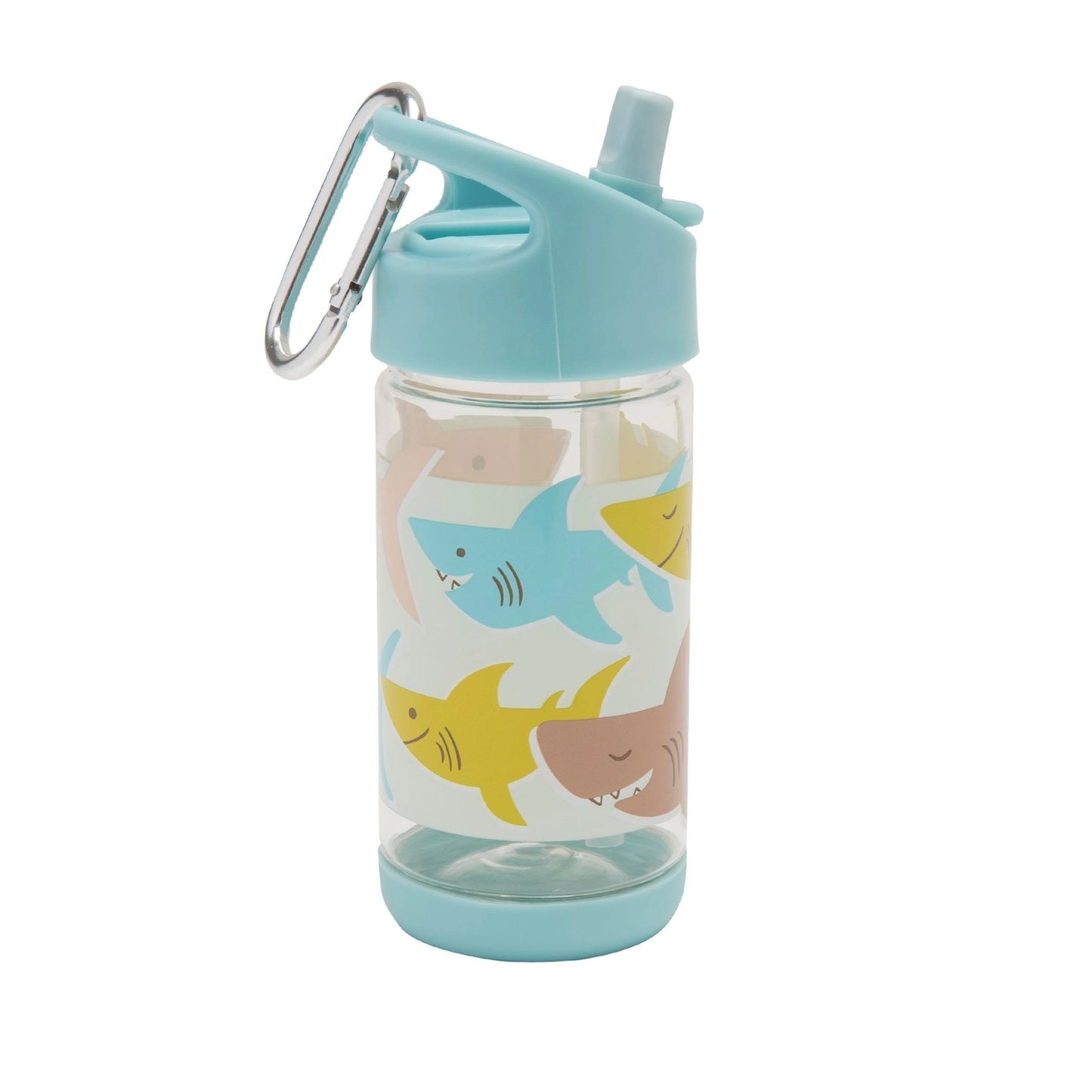 Smiley shark flip-and-sip bottle with carabiner lid and straw