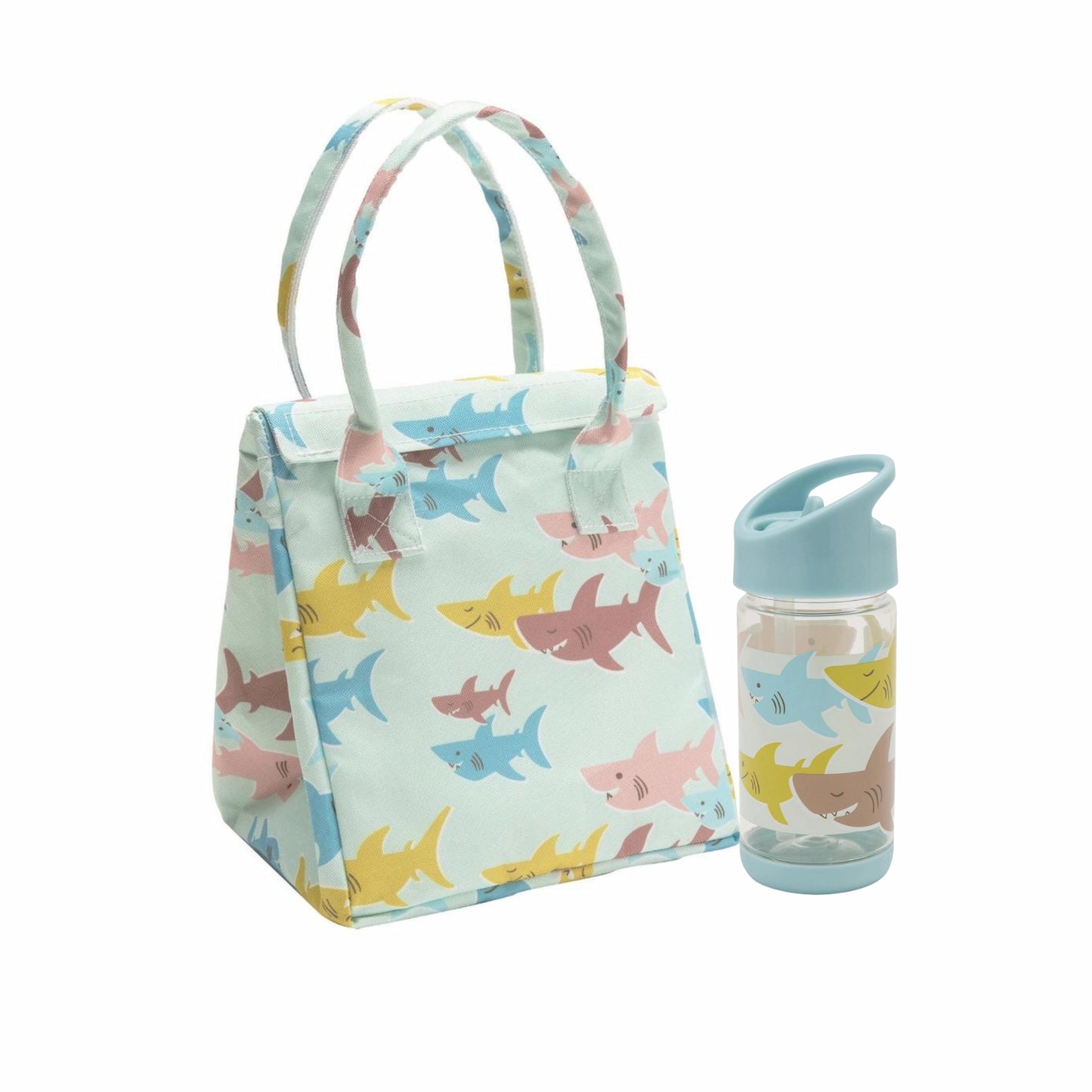Smiley shark kids lunch bag with matching flip-and-sip drink bottle