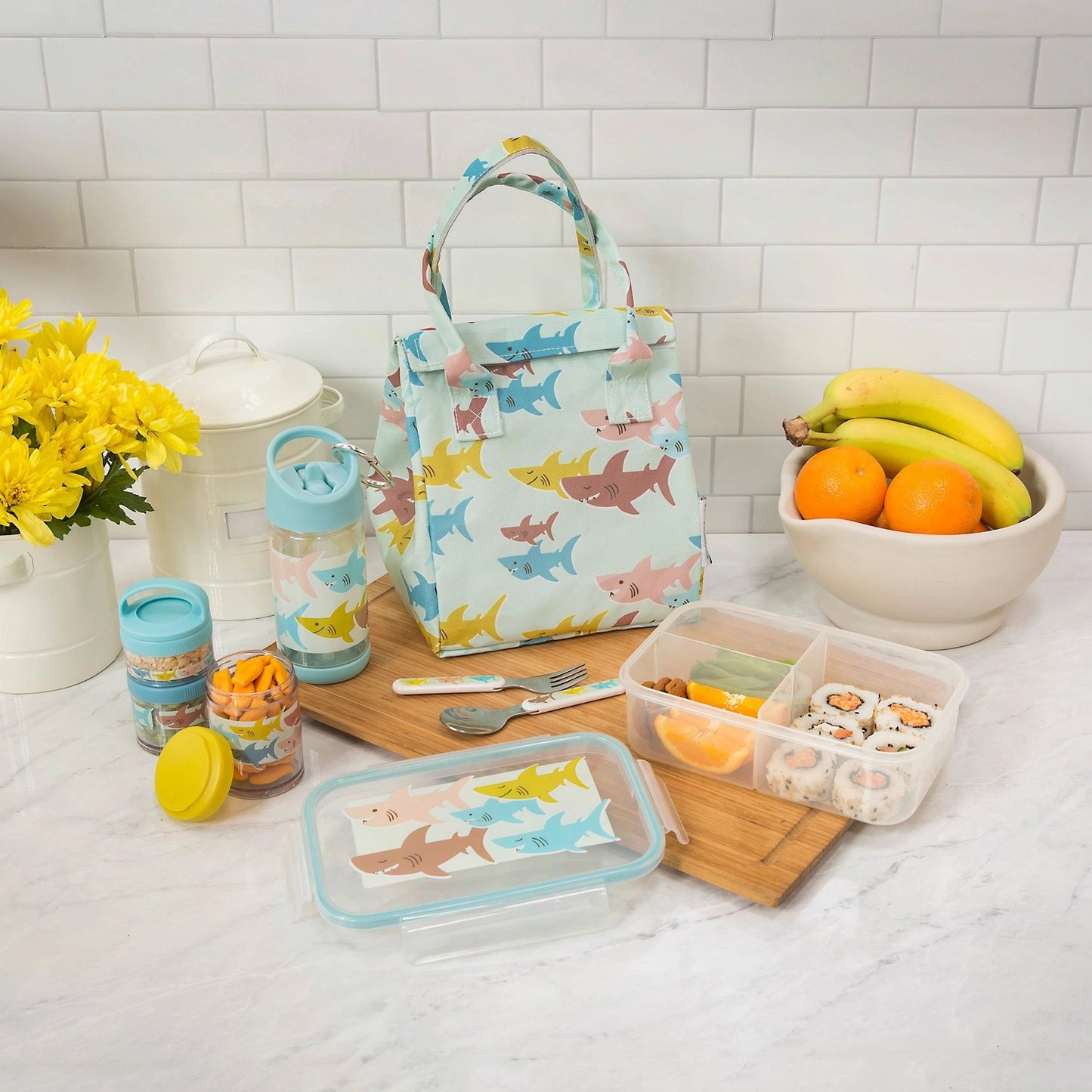 Smiley shark school lunch set with insulated lunch bag, snack containers, and drink bottle