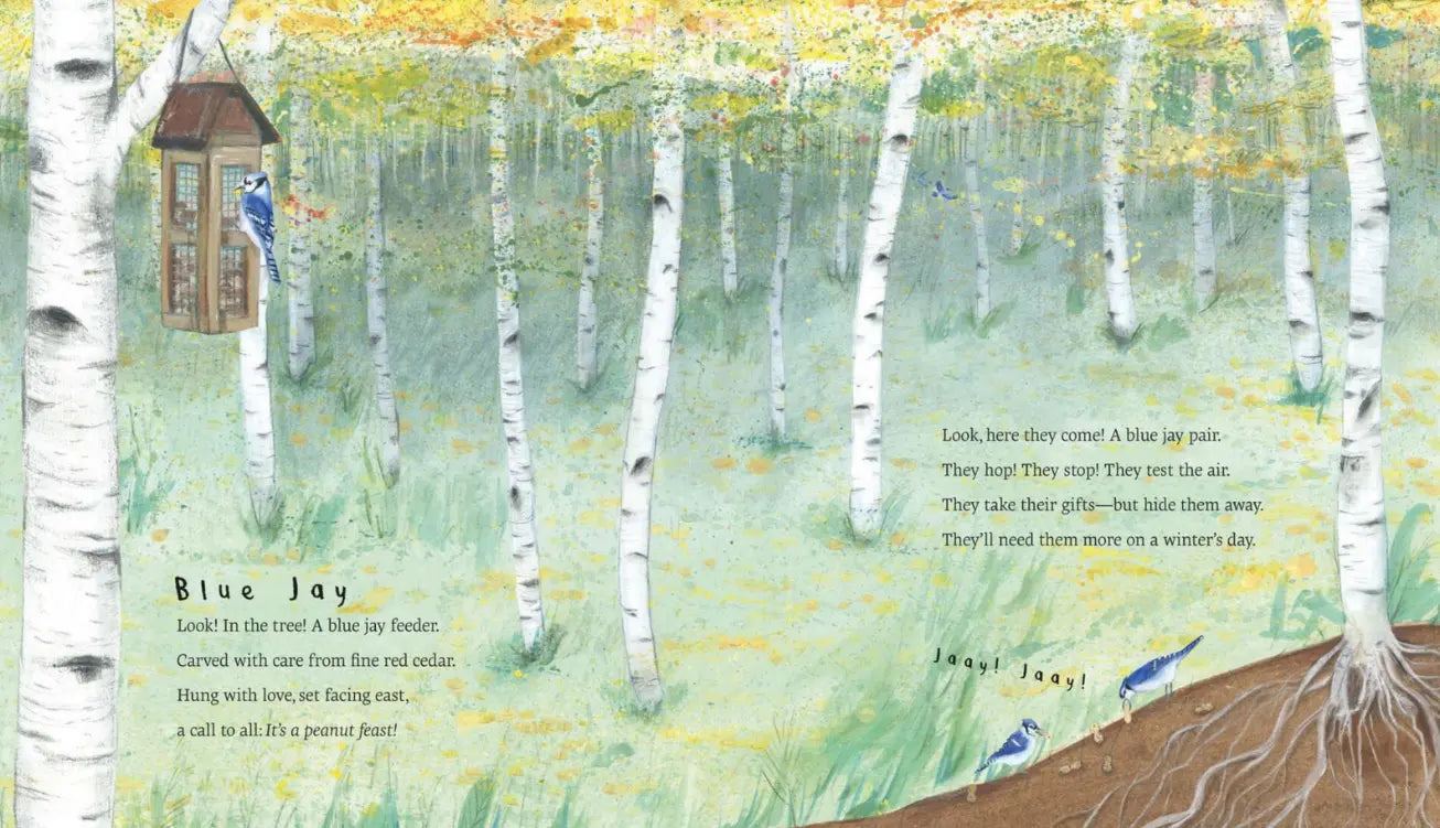 Illustrated Snow Birds spread featuring common redpolls perched among winter branches with a short nature poem