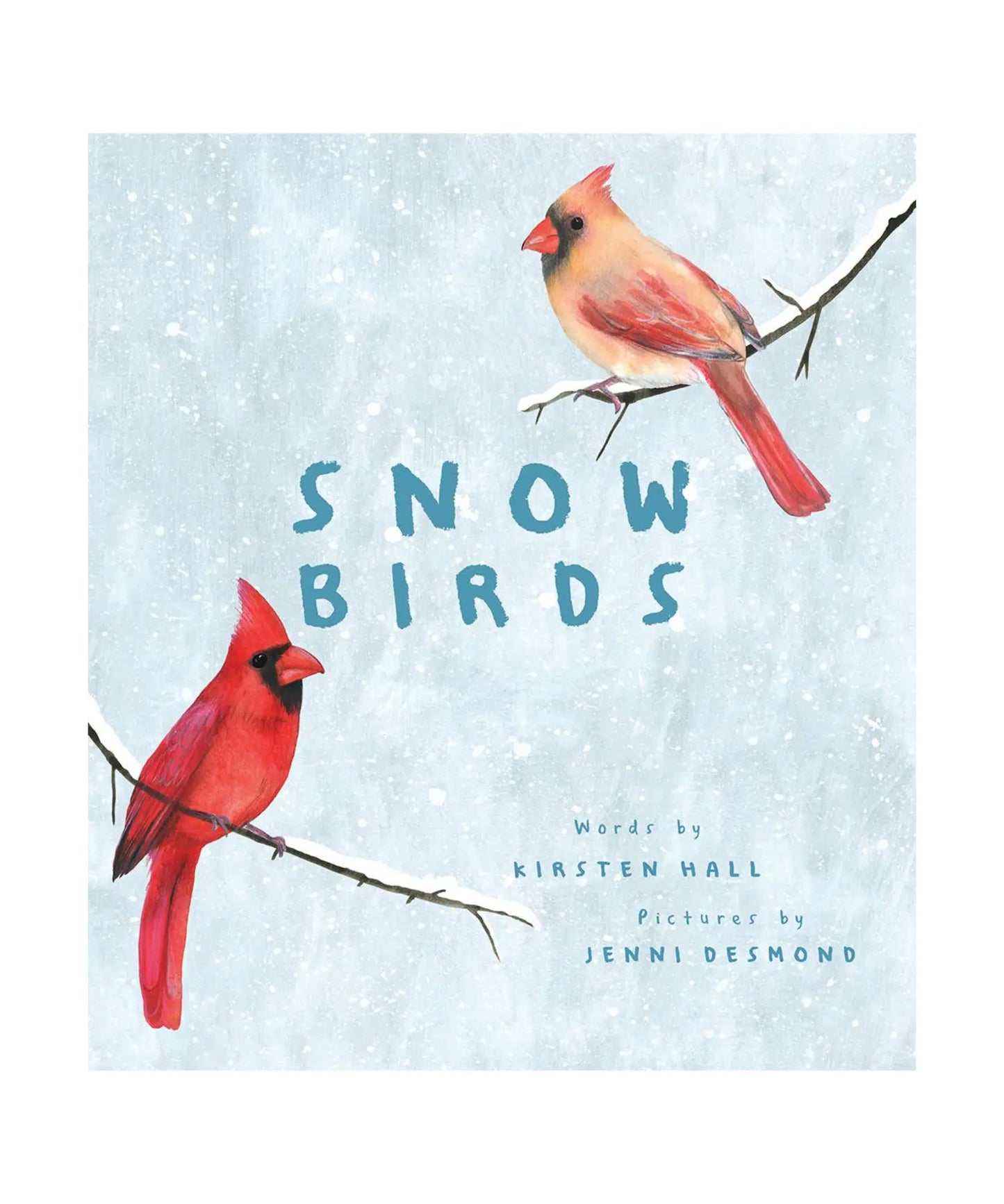 Children's book cover titled 'SNOW BIRDS' featuring two red birds perched on snowy branches 