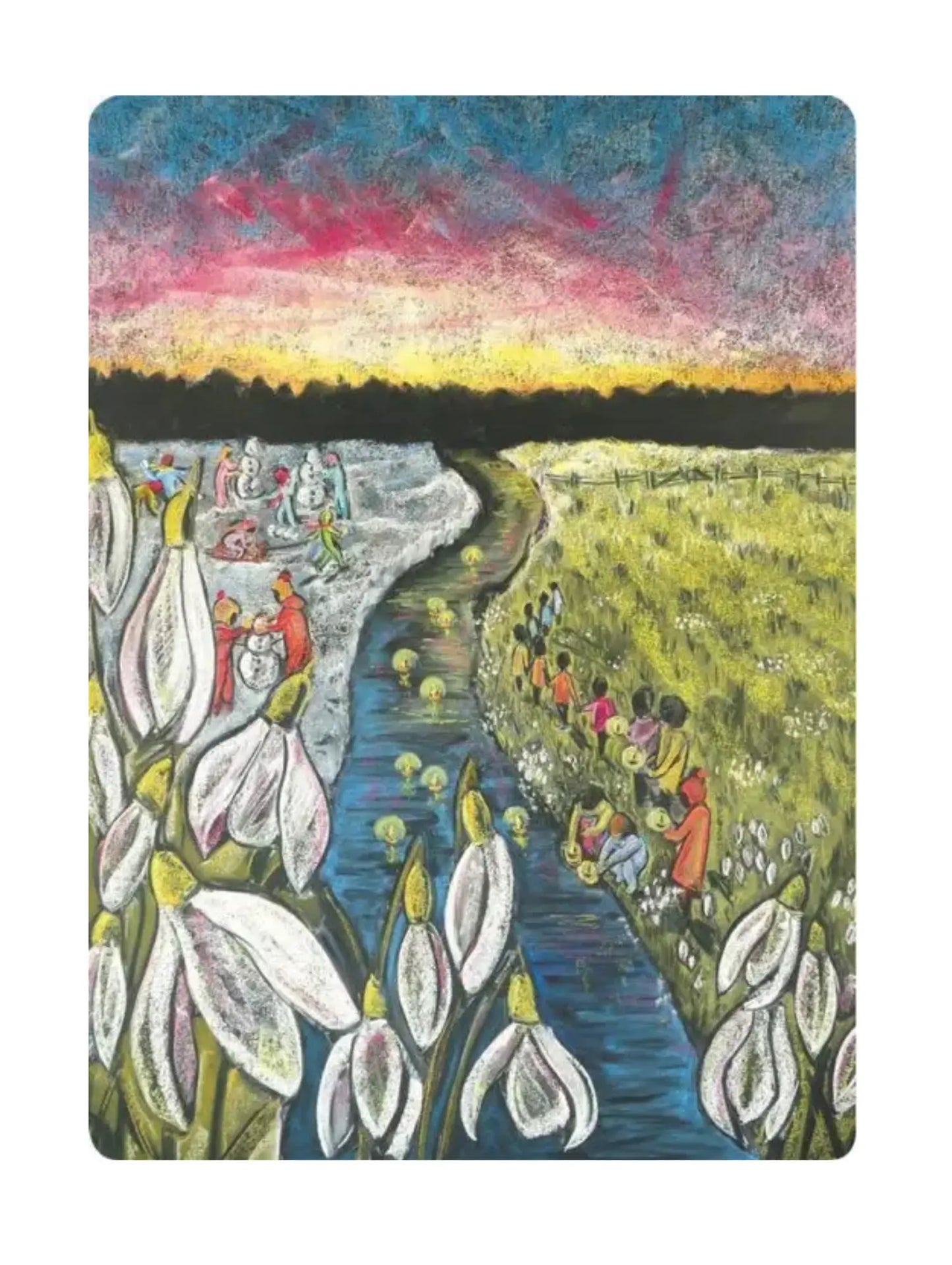 Colorful Waldorf postcard illustration of a landscape with people and flowers, featuring a river and a sunset.