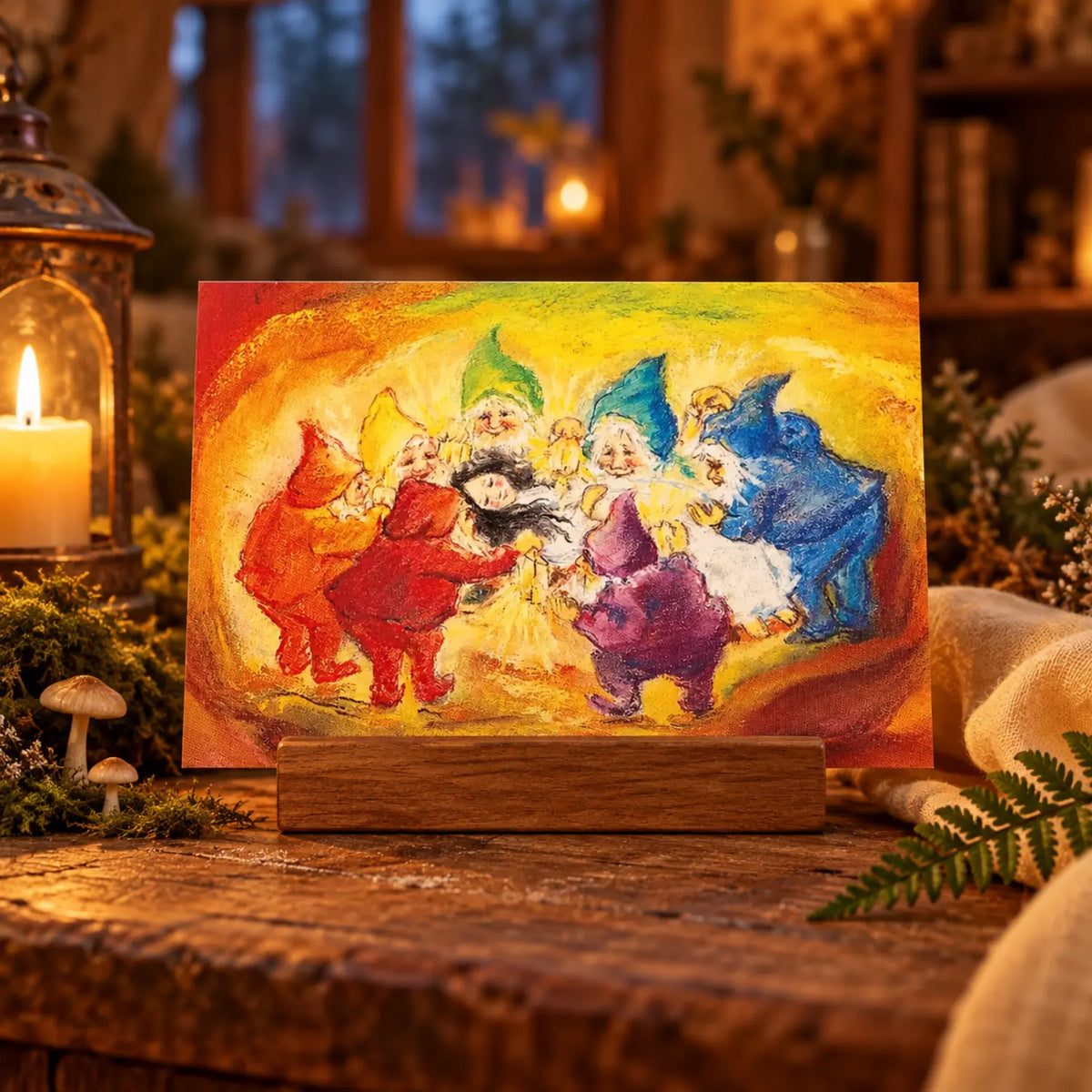 Marjan van Zeyl Snow White fairy tale postcard displayed in a wooden holder on a rustic woodland cottage table with candlelight, moss, mushrooms, and soft linen.