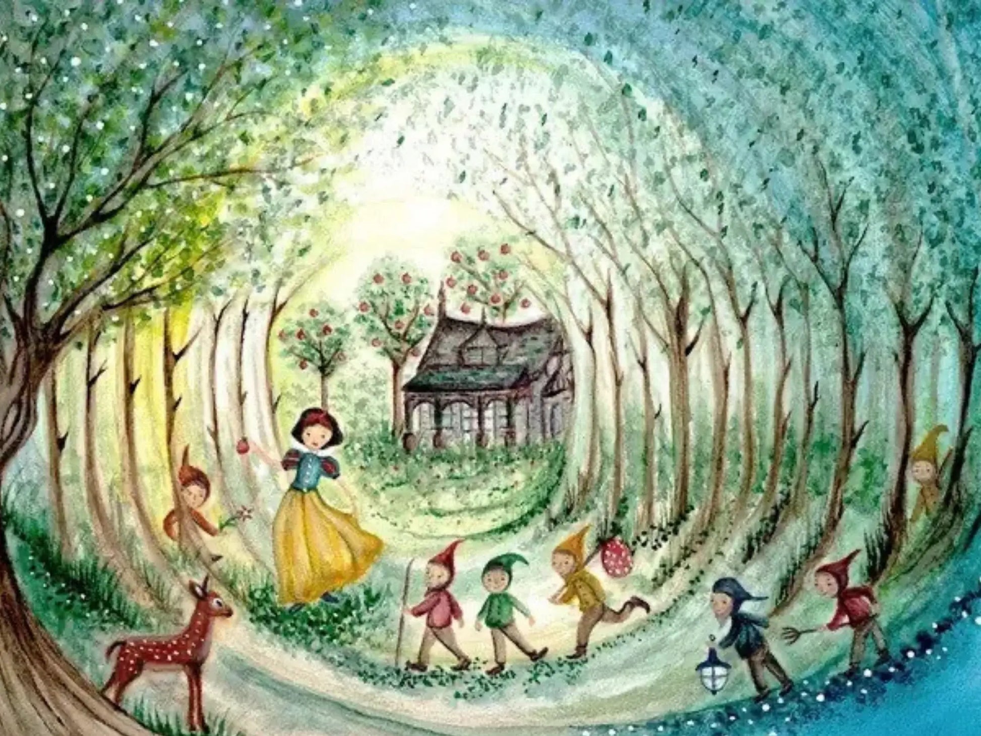 Illustration of a fairy tale scene with Snow White in a yellow dress surrounded by trees and dwarves