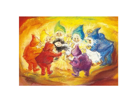 Colorful illustration of seven gnomes with a central character, set against a warm yellow background.