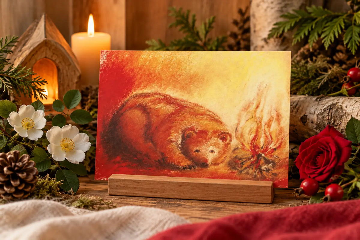 Marjan van Zeyl Snow White and Rose Red fairy tale postcard featuring a bear beside a fire, displayed with red and white roses, candles, and woodland decorations.