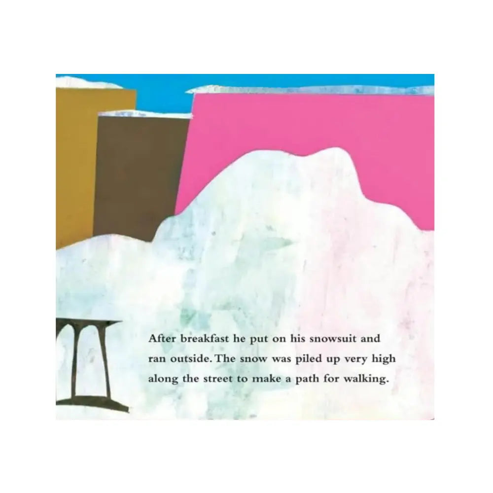 Illustration of a snowy street with high snow piles and text describing a snowsuit.