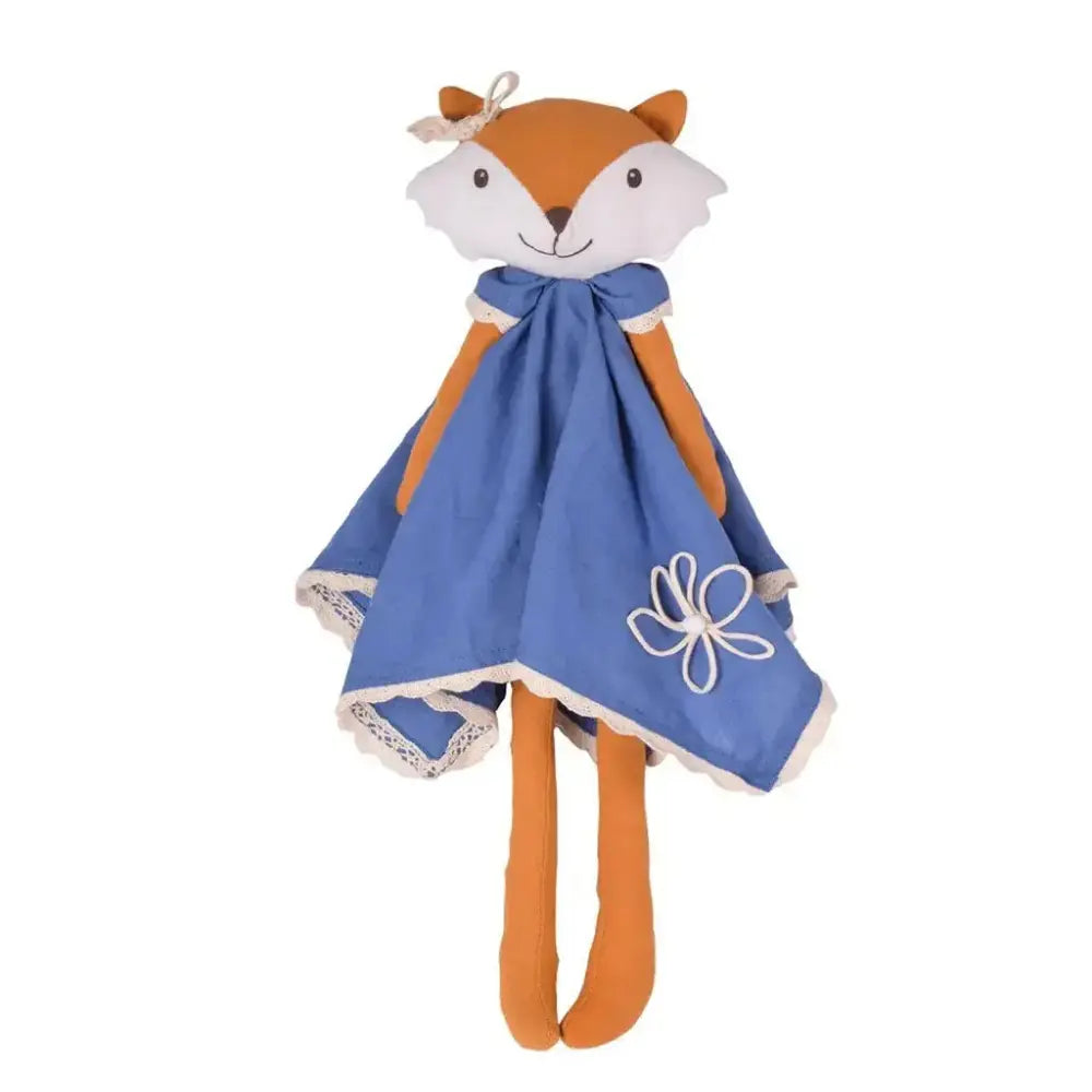 Plush fox woodland doll with a blue dress on a white background