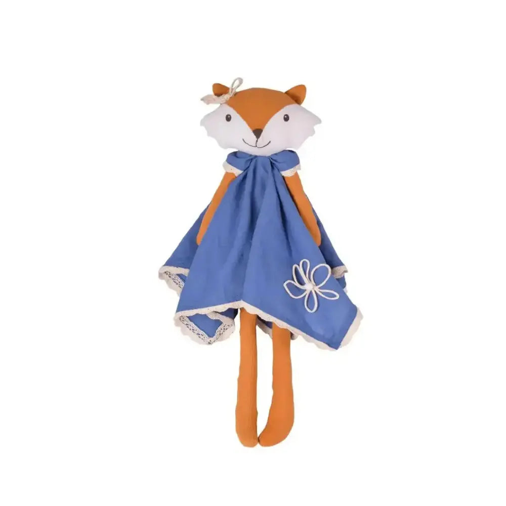 Stuffed fox cotton doll with a blue dress on a white background