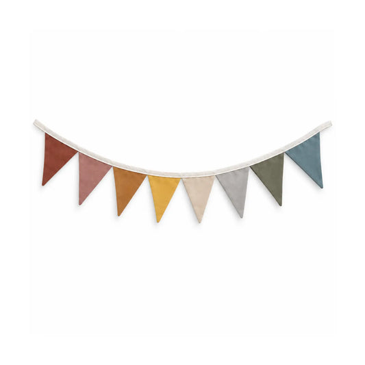 Earthy rainbow linen penant garland for children's bedroom, playroom, or classroom on a white background