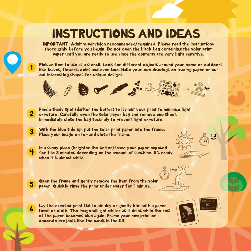 Solar print kit instruction sheet showing step-by-step sun exposure process