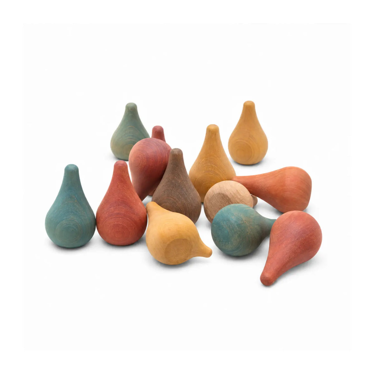 Wooden raindrop shapes stained in earthy Southwest colors with natural wood grain showing through