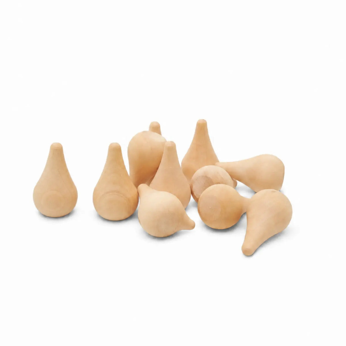 Group of unfinished wooden raindrop shapes ready for painting, staining, or seasonal crafts