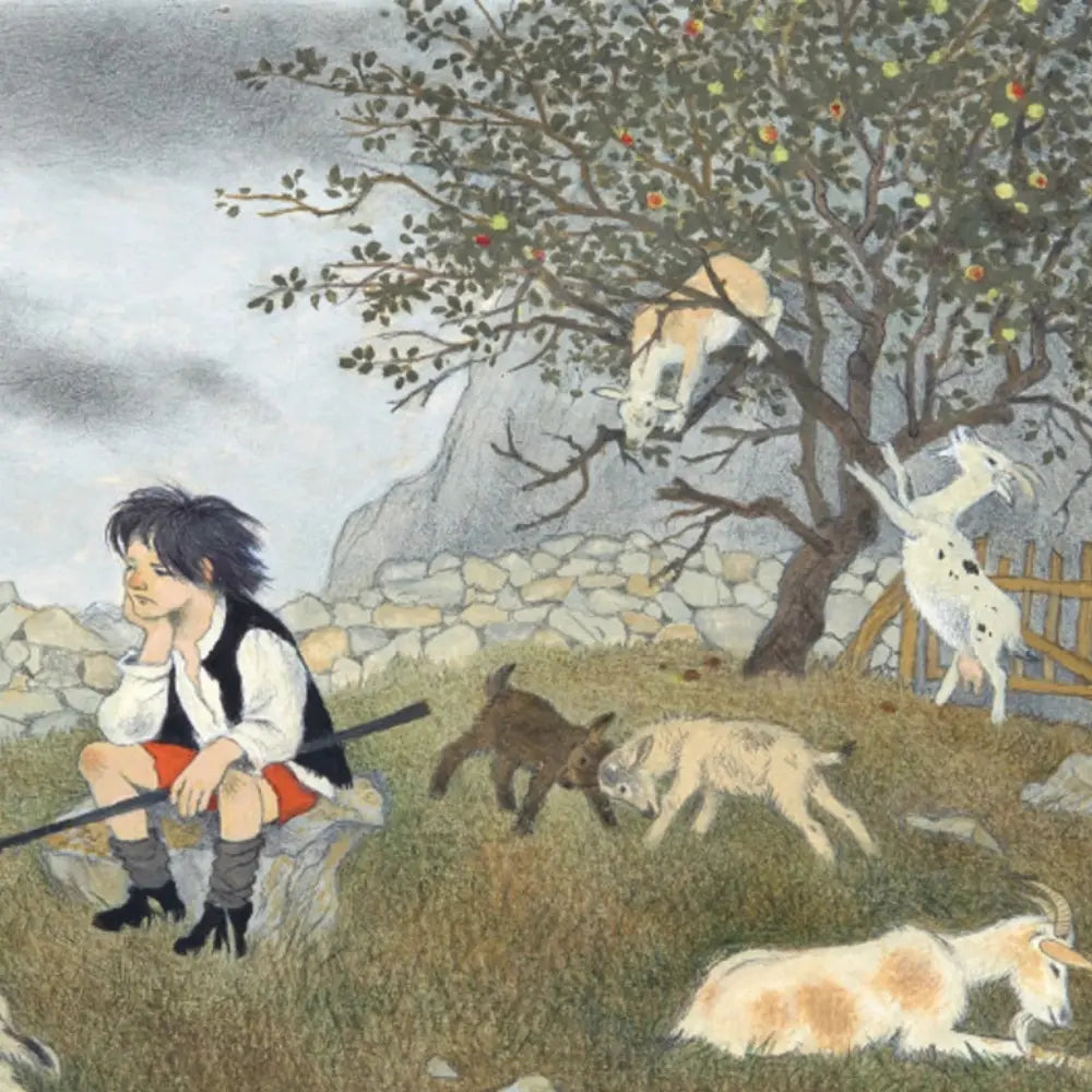 Illustration of a boy with goats in a pastoral scene