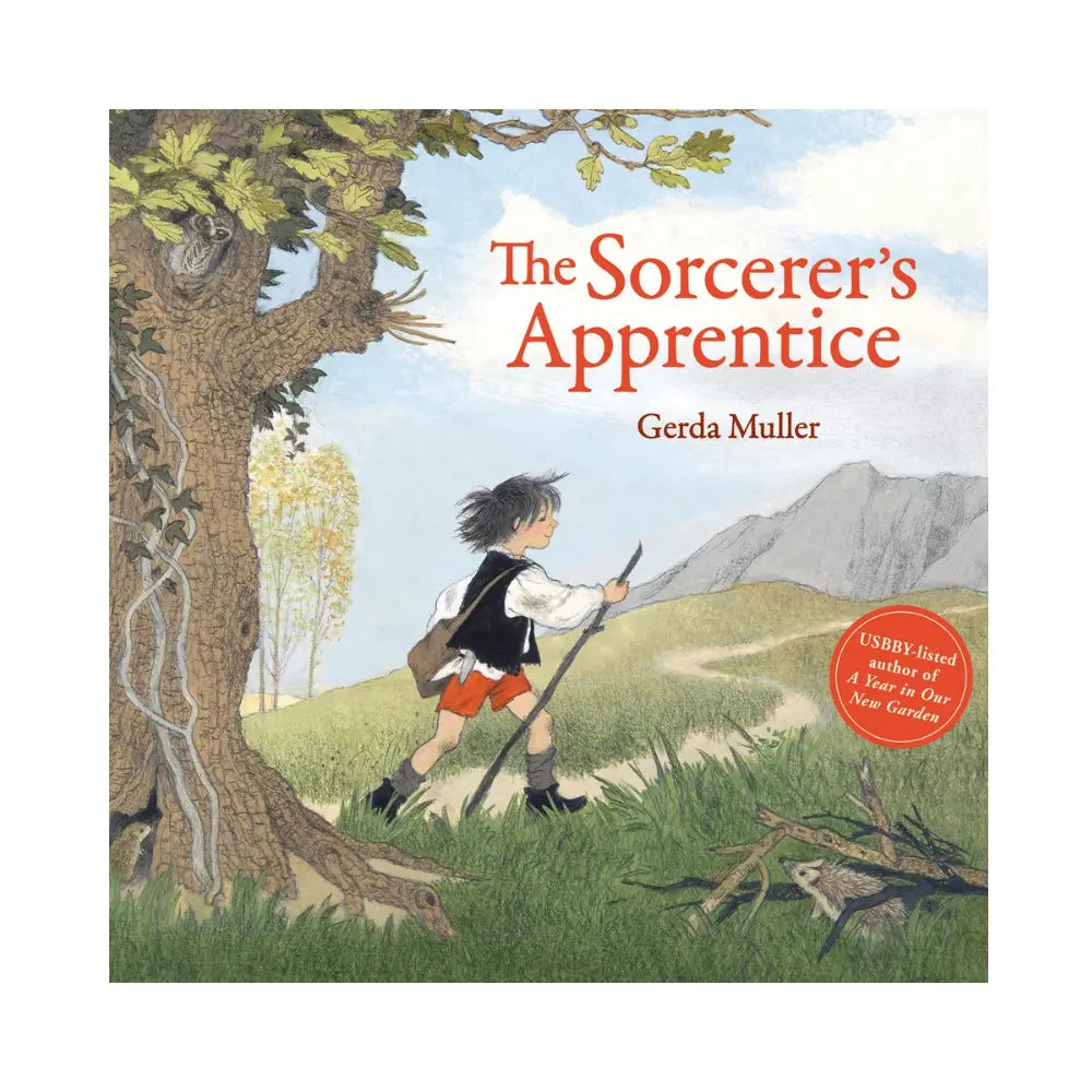 Book cover of 'The Sorcerer's Apprentice' by Gerda Muller with a illustration of a boy in a forest.
