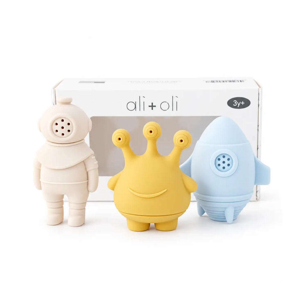 Three-piece silicone space bath toy set with astronaut, alien, rocket, and Ali + Oli packaging