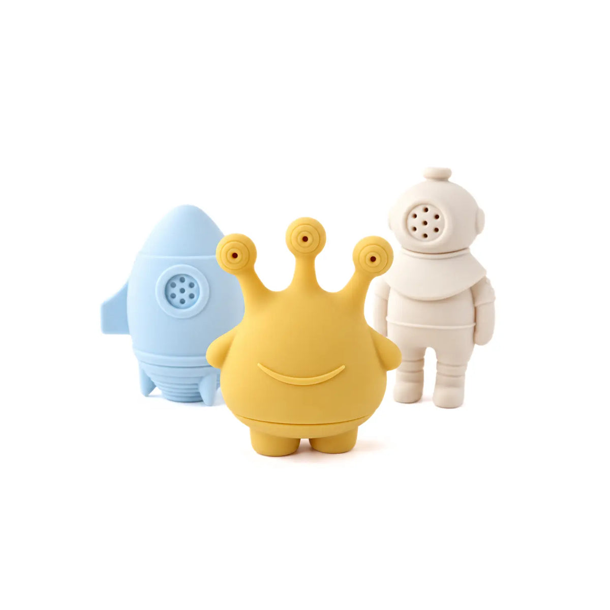 Three-piece silicone space bath toy set with astronaut, alien, rocket