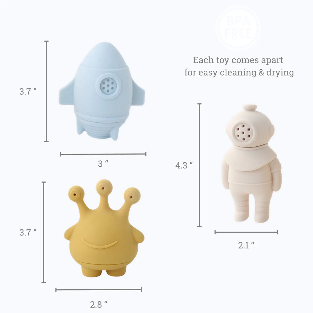 Three-piece silicone space bath toy set with astronaut, alien, rocket, and dimensions