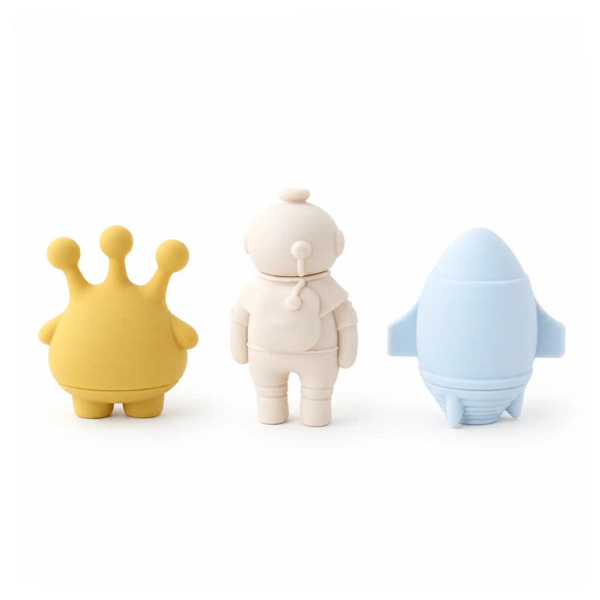 Three-piece silicone space bath toy set back view with astronaut, alien, rocket