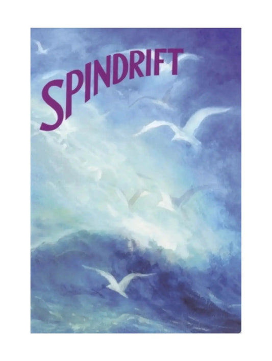 Book cover of 'Spindrift' with a purple title and seagulls over water.