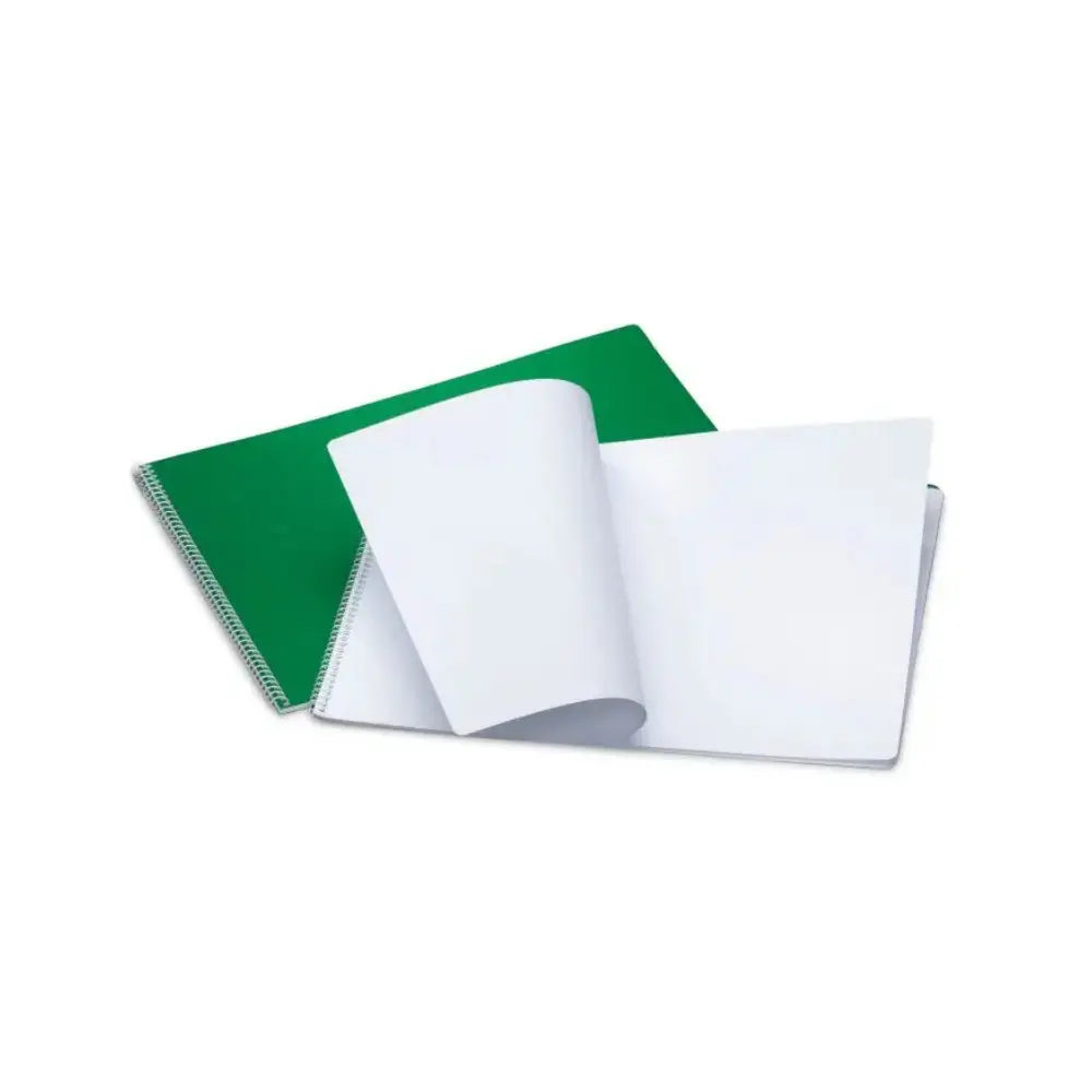 Spiral Waldorf lesson book open with blank pages and landscape green cover