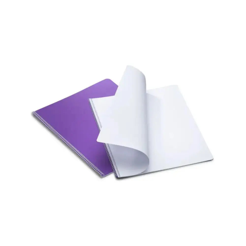 Spiral Waldorf lesson book open with blank pages and portrait purple cover