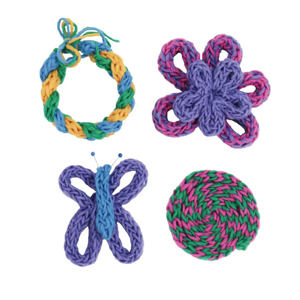 examples of spool knitting projects including bracelet flower and yarn shapes