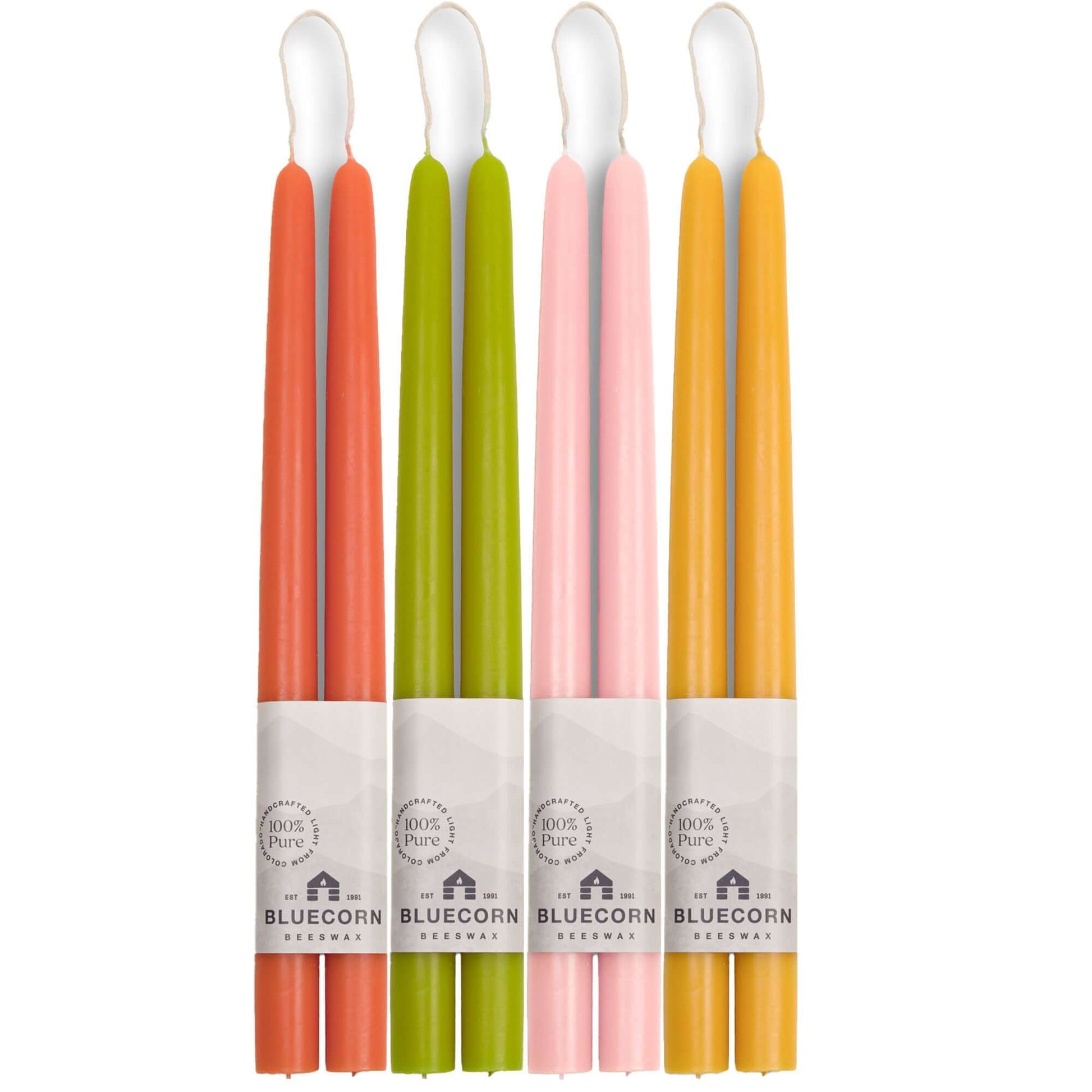 Set of colorful baby spoons with Bluecorn branding on a white background