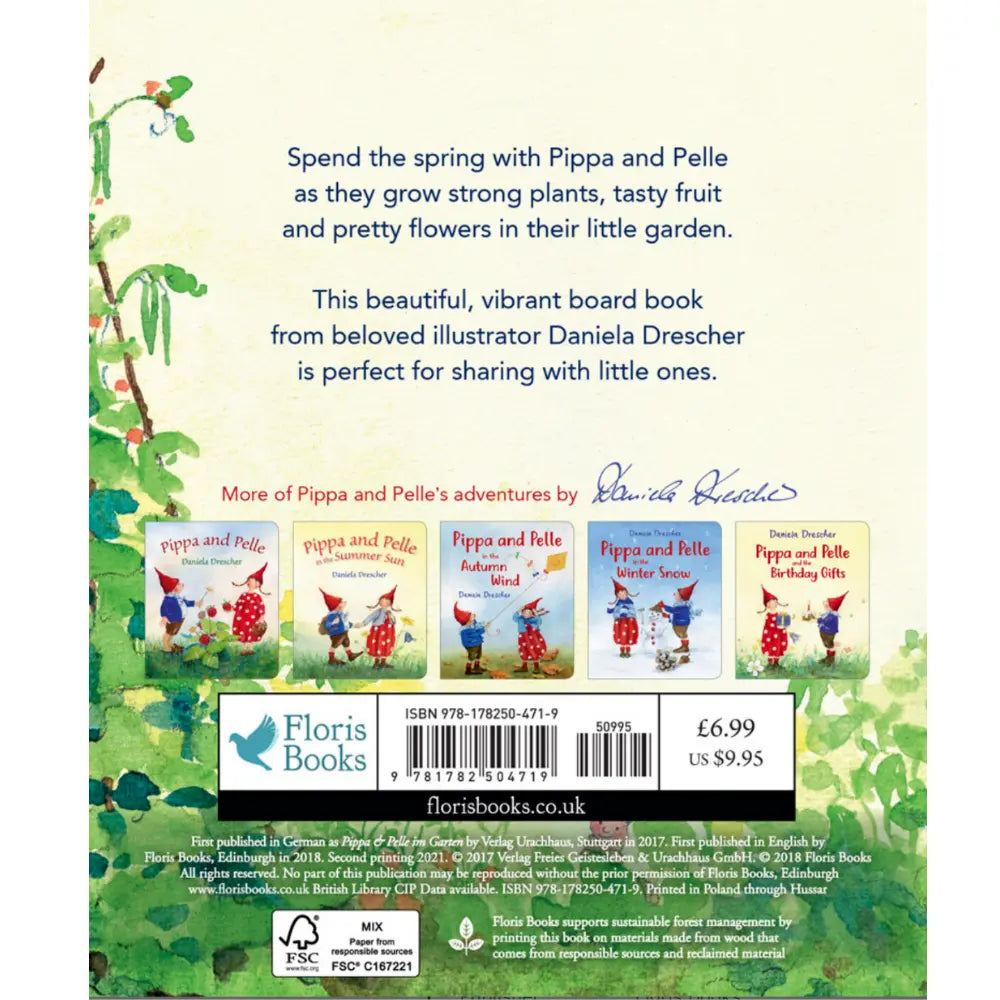 Back cover of a children's book featuring illustrations of characters and text about the book series.