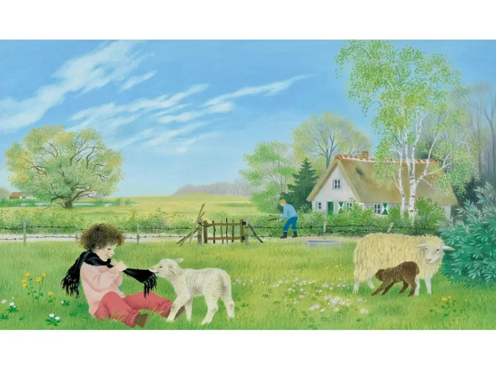 Woman with a lamb in a pastoral scene with sheep and a house in the background